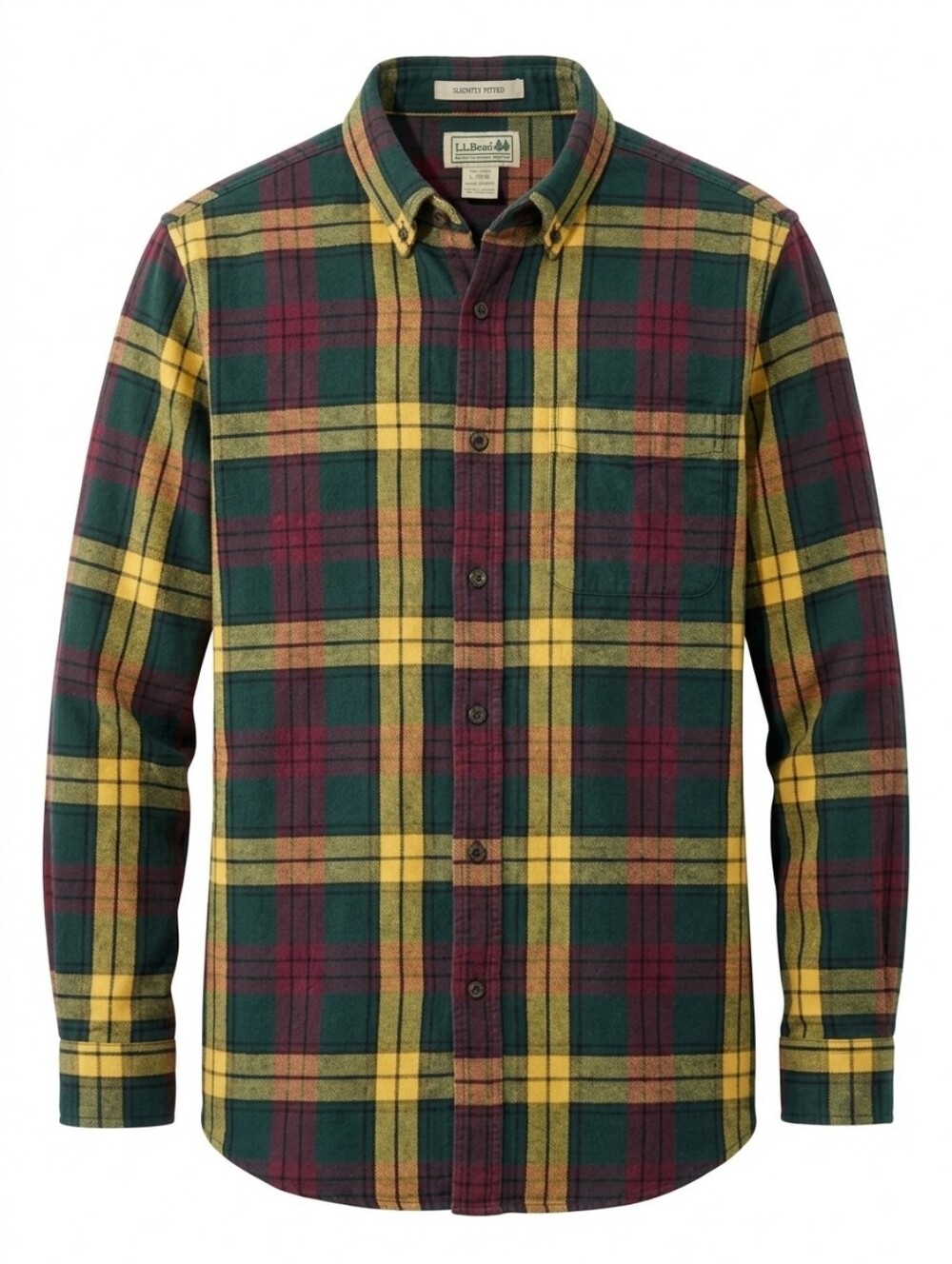 L.L. Bean Flannel Shirt Mens Large Regular Slightly Fitted Plaid Green Yellow
